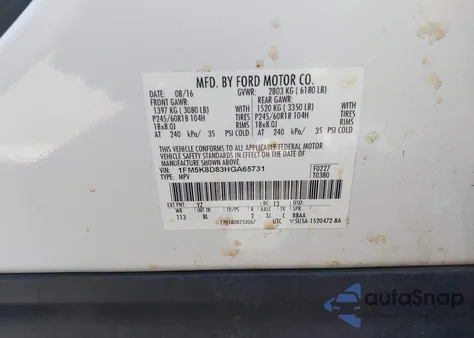 2017 Ford Explorer Xlt из США, поврежденный, VIN 1FM5K8D83HGA65731